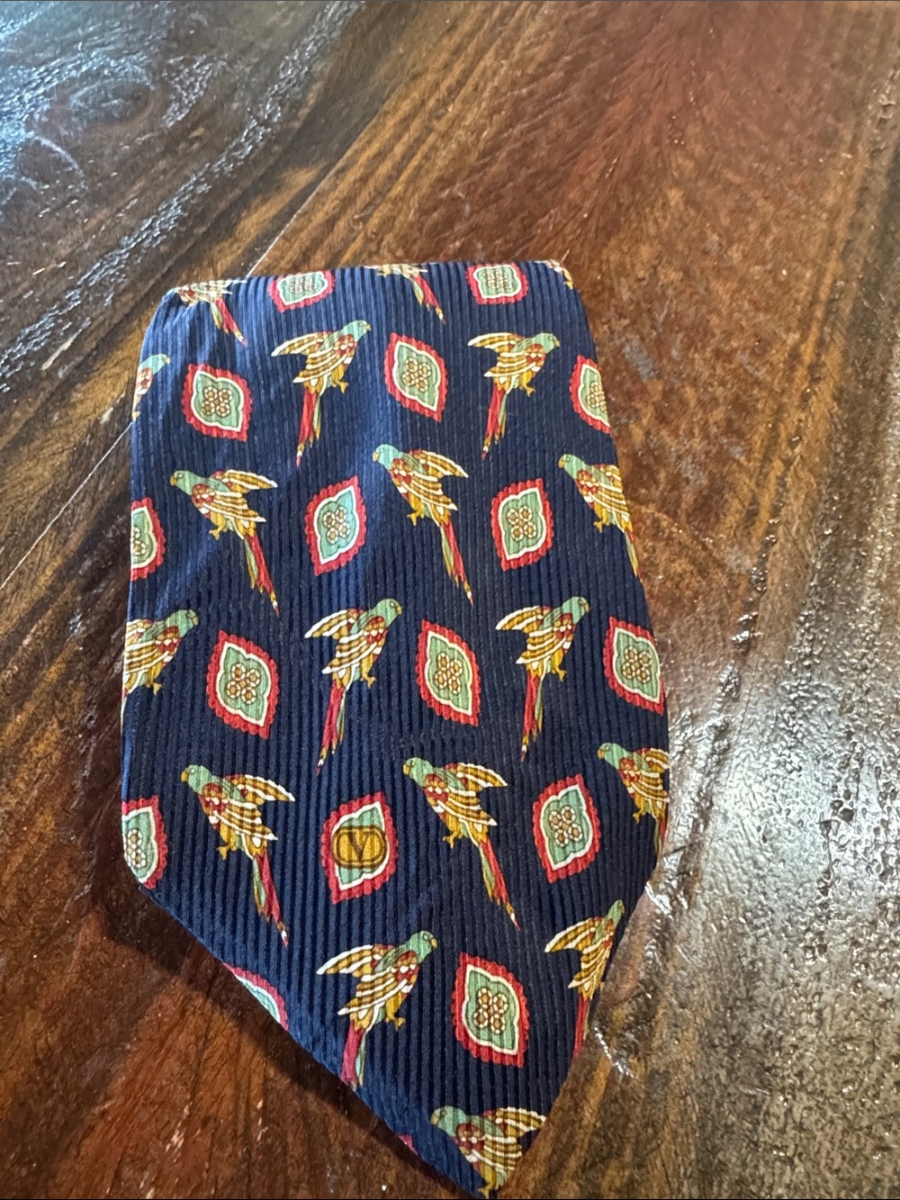Valentino Garavani Navy Tie with Colorful Parrot Motif